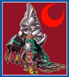 1girl alternate_costume border brown_eyes cosplay crescent_moon fang female_focus full_body grin helmet honzawa_yuuichirou midna midriff moon nintendo orange_hair red_eyes red_theme robe smile solo tassel the_legend_of_zelda the_legend_of_zelda:_twilight_princess zant zant_(cosplay)