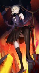 1girl absurdres artoria_pendragon_(fate) bare_shoulders black_dress black_skirt black_thighhighs blonde_hair blood blood_on_clothes blood_on_face blood_on_gloves bloody_clothes bloody_dress braid breasts bun_with_braided_base choker clenched_hand closed_mouth commentary commission dark_persona diamond_cutout dress elbow_gloves english_commentary excalibur_morgan_(fate) fate/grand_order fate_(series) fire gloves hair_between_eyes hand_on_hilt high_heels highres kopam looking_at_viewer medium_breasts planted planted_sword planted_weapon purple_dress purple_gloves rubble saber_alter saber_alter_(final_ascension) short_hair skirt smoke solo strapless strapless_dress sword thighhighs thighs weapon yellow_eyes