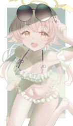 1girl absurdres azuma_(sospower73) bare_shoulders bikini blue_archive blush brown_hair commentary_request eyewear_on_head frilled_bikini frills halo hifumi_(blue_archive) hifumi_(swimsuit)_(blue_archive) highres long_hair looking_at_viewer low_twintails navel off-shoulder_bikini off_shoulder official_alternate_costume open_mouth ribbon-trimmed_bikini ribbon-trimmed_swimsuit ribbon_trim round_eyewear sitting smile solo sunglasses swimsuit twintails wariza white_bikini winged_halo yellow_eyes yellow_halo