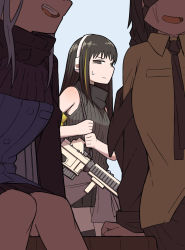 3girls artist_request assault_rifle bad_id bad_pixiv_id commentary_request envy eyepatch girls&#039;_frontline gun headset hk416_(girls&#039;_frontline) m16a1_(girls&#039;_frontline) m4_carbine m4a1_(girls&#039;_frontline) multiple_girls necktie out_of_frame rifle scar scar_across_eye scar_on_face sweatdrop talking vertical_forward_grip weapon