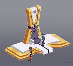 2boys armor blonde_hair blue_armor blue_eyes blue_helmet forehead_jewel grey_background helmet highres long_hair male_focus mega_man_(series) mega_man_zero_(series) multiple_boys nanhui_aria red_armor red_helmet simple_background standing throne wide_shot x_(mega_man) zero(z)_(mega_man) zero_(mega_man)