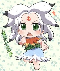 Rule 34 | 1girl, ^^^, barefoot, blue dress, blush, chibi, chibi only, commentary request, dress, forehead tattoo, full body, green eyes, hand up, highres, houjuu chimi, leg up, long hair, looking at viewer, open mouth, rokugou daisuke, signature, sleeveless, sleeveless dress, solo, standing, standing on one leg, touhou, translation request, white hair