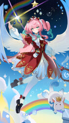 1girl absurdres angel_wings aqua_bow aqua_bowtie aqua_eyes aqua_hair bow bowtie breasts chinese_commentary cloud commentary_request dress drill_hair hat highres holding holding_staff honkai:_star_rail honkai_(series) hyacine_(honkai:_star_rail) infinity_symbol little_ica_(honkai:_star_rail) medium_hair multicolored_hair npp_(artist) pantyhose pink_hair rainbow red_dress red_hat sky small_breasts smile staff star_(sky) starry_sky twin_drills two-tone_hair white_pantyhose wings