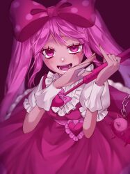 1girl :d aegyo_sal belt blurry bow chain commentary_request dark-skinned_female dark_skin depth_of_field double-parted_bangs dress fingernails frilled_sleeves frills from_above hair_bow hands_up heart_belt highres holding_flail kohaku_chara looking_at_viewer ojou-sama_pose omori open_mouth petticoat pink_background pink_belt pink_bow pink_dress pink_theme pinky_out polka_dot polka_dot_bow puffy_short_sleeves puffy_sleeves raised_inner_eyebrows shirt short_sleeves sidelocks simple_background sleeveless sleeveless_dress smile solo sweetheart_(omori) teeth tongue twintails uneven_eyes upper_body white_shirt white_wrist_cuffs wrist_cuffs