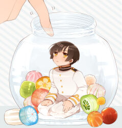 1boy 1other axis_powers_hetalia black_hair bottle buttons candy chibi clenched_hand commentary_request fingernails food full_body highres in_bottle in_container jacket japan_(hetalia) long_sleeves looking_at_another looking_up military_jacket military_uniform ninonuko no_shoes open_mouth pants seiza short_hair sitting socks solo_focus striped_background table v-shaped_eyebrows white_background white_jacket white_pants white_socks yellow_eyes