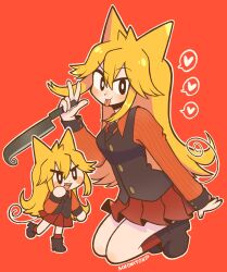 1girl :p animal_ears black_boots black_necktie black_vest blonde_hair blush_stickers boots bright_pupils buttons cat_ears cat_girl cat_tail chibi chibi_inset closed_mouth collared_shirt commentary english_commentary funamusea hair_between_eyes heart highres holding holding_knife knife leg_up long_hair looking_at_viewer moge-ko mogeko_castle necktie open_mouth outline pinstripe_pattern pinstripe_shirt pleated_skirt red_background red_shirt red_skirt red_socks sharp_teeth shirt simple_background sitting skirt smile socks sofo_soup solo speech_bubble spoken_heart standing tail teeth tongue tongue_out v vest wariza white_outline white_pupils