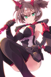 1girl absurdres asura_ninja black_gloves black_thighhighs breasts brown_hair closed_mouth dual_wielding elbow_gloves fukkatsu_saisei_kaijin gloves green_eyes hair_between_eyes highres holding holding_knife holding_weapon knife leotard looking_at_viewer mecha_musume medium_breasts megami_device short_hair simple_background smile solo thighhighs twintails weapon white_background