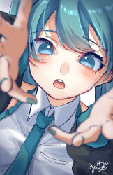 1girl absurdres aqua_eyes aqua_hair aqua_nails aqua_necktie blush collared_shirt hair_between_eyes hatsune_miku highres long_hair long_sleeves looking_at_viewer mai_mugi necktie open_mouth reaching reaching_towards_viewer shirt signature solo teeth twintails upper_teeth_only very_long_hair vocaloid white_shirt
