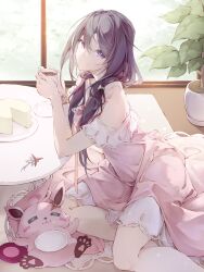 Rule 34 | 1girl, absurdres, asahi tsujino, azki (7th costume) (hololive), azki (hololive), black hair, closed mouth, commentary request, cup, day, double-parted bangs, dress, hair between eyes, hair over shoulder, highres, hololive, indoors, layered dress, long hair, looking at viewer, low twintails, multicolored hair, off-shoulder dress, off shoulder, official alternate costume, official alternate hairstyle, pink dress, pink hair, pioneer (azki), plant, potted plant, purple eyes, purple hair, short dress, sitting, smile, solo, streaked hair, twintails, virtual youtuber, white dress