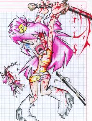 1girl ami_onuki blood bracelet flower hair_flower hair_ornament hi_hi_puffy_amiyumi jewelry katana long_hair pink_hair screaming shaman_king sword tagme tears weapon