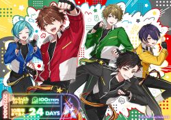 5boys :d ahoge antenna_hair arm_up belt black_gloves black_hair black_pants black_shirt blonde_hair blue_eyes blue_hair blue_jacket boots brown_eyes brown_hair clenched_hands closed_eyes collared_jacket colorful_background copyright_name copyright_notice countdown dated drop_shadow ensemble_stars! facing_viewer fingerless_gloves gloves green_jacket grey_jacket grin hair_between_eyes hair_intakes hair_over_one_eye halftone hand_up hands_up hatching_(texture) head_tilt jacket jumping kuji-in leaning_forward leg_up linear_hatching long_sleeves looking_at_viewer male_focus morisawa_chiaki multicolored_hair multiple_boys nagumo_tetora o-ring o-ring_belt official_alternate_costume official_art one_eye_covered open_mouth orange_eyes pants parted_bangs partially_unzipped polka_dot purple_hair raised_eyebrows red_hair red_jacket running ryuuseitai_(ensemble_stars!) sengoku_shinobu shinkai_kanata shirt shirt_tucked_in short_hair smile standing standing_on_one_leg star_(symbol) streaked_hair takamine_midori tama_(songe) v-shaped_eyebrows white_boots yellow_belt yellow_jacket