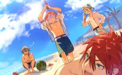 4boys amagi_rinne aqua_hair arms_up baseball_cap beach blindfold closed_eyes crab crazy_b_(ensemble_stars!) ensemble_stars! food fruit grey_hair hand_on_own_hip hat himeru_(ensemble_stars!) holding holding_stick jacket logi_bunbukucha looking_at_another multiple_boys no_shirt open_mouth oukawa_kohaku outdoors pink_hair ponytail red_hair sand see-through_clothes see-through_jacket shiina_niki short_ponytail smile squatting stick topless_male watermelon white_blindfold