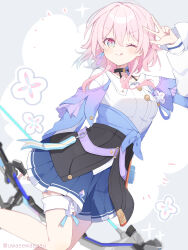 1girl absurdres black_choker black_overskirt blue_eyes blue_jacket blue_skirt bow_(weapon) bra_strap breasts buttons choker commentary cowboy_shot earrings flower_ornament gradient_clothes gradient_jacket hand_up highres holding holding_bow_(weapon) holding_weapon honkai:_star_rail honkai_(series) jacket jewelry long_sleeves march_7th_(honkai:_star_rail) march_7th_(preservation)_(honkai:_star_rail) medium_breasts medium_hair miniskirt multicolored_eyes off-shoulder_jacket off_shoulder one_eye_closed overskirt pink_eyes pink_hair pink_jacket pink_pupils pleated_skirt shirt single_earring skirt solo thigh_strap tied_jacket tongue tongue_out twitter_username two-tone_eyes underbust uwasewau w weapon white_shirt