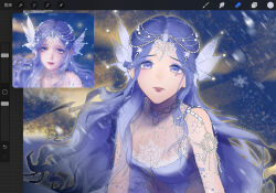 1girl armlet art_program_in_frame bead_necklace beads blue_bra blue_eyes blue_eyeshadow blue_hair blue_scales bra circlet derivative_work eyelashes eyeshadow fins game_screenshot_inset head_fins highres infinity_nikki jewelry lace lace-trimmed_bra lace_trim light_blush light_frown lipstick long_hair looking_at_viewer makeup mermaid monster_girl necklace night night_sky nikki_(series) outdoors outline parted_lips pink_lips procreate_(medium) procreate_(software) sad screenshot_redraw sidelocks sky snowflake_print snowflakes snowing snowy_ballad_(infinity_nikki) solo teeth underwear upper_body wavy_hair xuli yellow_outline