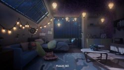 3d absurdres bed blanket blender_(medium) box carpet chair clothes_pin cloud commentary couch drawing english_commentary floor foxeleos highres indoors lamp light_bulb night night_sky nintendo_switch no_humans open_window original photoshop_(medium) pillow plant radio scenery shadow shelf sky spotlight statue stuffed_animal stuffed_toy table vines wall watermark window wooden_floor