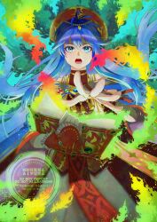 1girl absurdres blue_eyes blue_hair book breasts cape dress fingerless_gloves fire_emblem fire_emblem:_the_binding_blade gloves hat headband heppokop_61 highres holding holding_book jewelry lilina_(fire_emblem) long_hair looking_at_viewer magic nintendo open_mouth solo