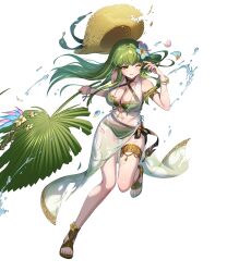 Rule 34 | 1girl, bikini, blue nails, breasts, cleavage, criss-cross halter, damaged, female focus, fire emblem, fire emblem echoes: shadows of valentia, fire emblem heroes, flower, green bikini, green eyes, green hair, green nails, hair flower, hair ornament, halterneck, hat, highres, jewelry, long hair, matching hair/eyes, medium breasts, multicolored nails, nail polish, navel, nintendo, non-web source, official alternate costume, official art, one eye closed, palla (fire emblem), palla (summer) (fire emblem), palm leaf, parted lips, pink nails, sandals, sarong, see-through clothes, see-through sarong, solo, straw hat, sun hat, swimsuit, thighlet, toenail polish, toenails, torn clothes, torn sarong, wince