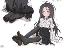 1girl absurdres black_hair black_pantyhose feet highres kamisaki_hikaru light_blush lihv long_hair looking_at_viewer medalist_(manga) pantyhose seiza sitting smile soles toes yellow_eyes