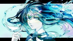 1girl absurdres ado_(utaite) aegyo_sal blue_eyes blue_flower blue_hair blue_rose blue_theme brooch chando_(ado) collared_shirt commentary_request floating_hair flower flower_brooch flying_whale highres jewelry kiza_minegi long_hair mole mole_under_eye rose shirt slit_pupils solo utaite whale white_shirt