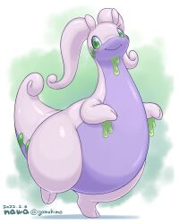 artist_name blush closed_mouth colored_skin commentary dated dragon english_commentary full_body gen_6_pokemon gomuhimo_(nawataro) goodra green_background green_eyes highres large_tail looking_at_viewer nintendo no_humans pokemon pokemon_(creature) purple_skin shadow slime_(substance) smile solo standing tail thick_thighs thighs twitter_username