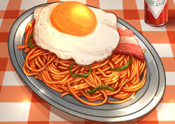 bacon bottle food food_focus fried_egg green_pepper highres hot_sauce kaneko_ryou napolitan no_humans original pasta spaghetti table tray