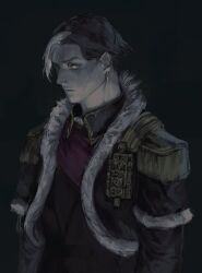 1boy black_background black_hair black_jacket earrings emet-selch epaulettes final_fantasy final_fantasy_xiv fur-trimmed_jacket fur_trim garlean highres jacket jewelry male_focus multicolored_hair short_hair solo stusoup third_eye two-tone_hair upper_body yellow_eyes