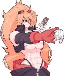 1boy 1girl abs bandaged_hand bandages big_hair blue_eyes breasts brown_hair chest_sarashi eyepatch gloves heart heart-shaped_eyes highres horns large_breasts long_hair muscular muscular_female navel orange_hair original red_gloves sarashi second-party_source smile very_long_hair white_background zess_(zestyjesus)
