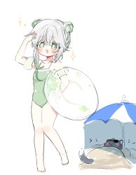 1girl 52601i alternate_hairstyle animalization ankle_strap asymmetrical_sidelocks barefoot black_cat blush cat collarbone colored_eyelashes cross-shaped_pupils double_bun drooling floral_print genshin_impact green_eyes green_hair green_nails green_one-piece_swimsuit hair_bun hand_up highleg highleg_one-piece_swimsuit highres holding holding_swim_ring inflatable_armbands innertube multicolored_hair nahida_(genshin_impact) one-piece_swimsuit open_mouth outdoors person_and_animalization sand scaramouche_(cat)_(genshin_impact) scaramouche_(genshin_impact) shade sidelocks sparkle streaked_hair sunglasses swim_ring swimsuit symbol-shaped_pupils tareme teeth toenails toes umbrella upper_teeth_only white_background white_eyelashes white_hair
