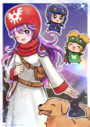 1girl 2boys animal anniversary bag belt belt_buckle black_bodysuit blonde_hair blue_eyes blue_gloves blue_tunic blush bodysuit brown_dog brown_fur buckle chibi closed_eyes commentary_request dog dragon_quest dragon_quest_ii gloves goggles goggles_on_head goggles_on_headwear green_gloves green_tabard highres long_hair long_sleeves moyapippi multiple_boys one_eye_closed open_mouth prince_of_lorasia prince_of_samantoria princess_of_moonbrook purple_eyes purple_hair red_hood robe short_hair shoulder_bag smile sparkle tabard tunic white_robe