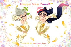 2017 2girls :d alternate_costume arms_up blue_hair breasts callie_(splatoon) closed_eyes cousins covered_navel dark_blue_hair dated dress elbow_gloves fangs feathers gloves gradient_hair green_hair grey_hair grin happy_new_year highres inkling long_hair marie_(splatoon) mole mole_under_eye multicolored_hair multiple_girls new_year nintendo no_nose open_mouth pink_hair puchiman short_hair small_breasts smile splatoon_(series) strapless strapless_dress suction_cups teeth tentacle_hair thighhighs twitter_username two-tone_hair yellow_dress yellow_gloves yellow_thighhighs