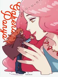 1boy 1girl cape character_request closed_mouth copyright_name copyright_request earrings eye_contact from_side giant giantess highres jewelry ka_ji lipstick long_hair looking_at_another makeup necklace orange_hair red_hair size_difference smile standing wavy_hair