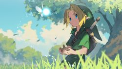 1boy belt_buckle blanco026 blonde_hair blue_eyes blue_sky buckle cloud collared_shirt day fairy glowing grass green_headwear green_shirt hat highres holding holding_instrument instrument link looking_at_another male_focus nature navi nintendo ocarina outdoors parted_lips pointy_ears sheath sheathed shirt short_sleeves sky sword the_legend_of_zelda the_legend_of_zelda:_ocarina_of_time tree weapon weapon_on_back wing_collar