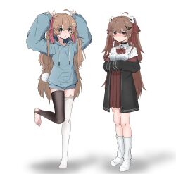 Rule 34 | 109kpm, 2girls, absurdres, ahoge, asymmetrical legwear, black choker, black jacket, black thighhighs, blue eyes, blue hoodie, blush, bow, bowtie, brown hair, choker, evil neuro-sama, full body, hair ornament, hair ribbon, hairclip, heart, heart hair ornament, highres, hood, hoodie, indie virtual youtuber, jacket, long hair, looking at viewer, mismatched legwear, multiple girls, neuro-sama, pleated skirt, pussy juice, red bow, red bowtie, red eyes, red ribbon, red skirt, ribbon, sex toy, shirt, simple background, skirt, skull hair ornament, socks, standing, standing on one leg, sweat, thighhighs, two side up, very long hair, vibrator, vibrator under clothes, white background, white shirt, white socks, white thighhighs