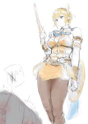 Rule 34 | 1boy, 1girl, absurdres, armor, ball busting, bdsm, belt, bent over, blonde hair, blood, bloody weapon, blue neckerchief, bow, breasts, brown pantyhose, cassandra alexandra, castration, cbt, character request, cleavage, cleavage cutout, clothing cutout, defeat, detached collar, dress, expressionless, femdom, gauntlets, green eyes, hair between eyes, hair bow, highres, holding, holding shield, holding sword, holding weapon, looking down, namco, neckerchief, orange dress, pantyhose, ponytail, seset, shield, shoulder armor, shoulder pads, simple background, soul calibur, speech bubble, standing, strong woman, sweatdrop, sword, trembling, weak male, weapon, white background