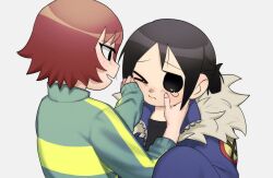 2girls absurdres akt_xp black_eyes black_hair freckles fur-trimmed_jacket fur_trim hair_between_eyes hands_on_another&#039;s_face highres jacket kim_pine knives_chau long_sleeves looking_at_another multiple_girls one_eye_closed ponytail red_hair scott_pilgrim_(series) scott_pilgrim_takes_off short_hair short_ponytail sidelocks tears white_background