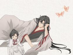2boys aged_down bishounen black_hair black_hanfu bug butterfly calligraphy_brush child chinese_clothes closed_mouth coat drawing_(action) grey_coat grey_eyes hair_down hair_ribbon half_updo hand_on_own_head hanfu head_rest highres holding holding_calligraphy_brush holding_paintbrush insect lan_sizhui long_hair long_sleeves looking_at_another lying male_focus modao_zushi multiple_boys official_alternate_costume official_alternate_hairstyle on_side open_clothes open_coat open_mouth paintbrush paper parrrrrrrrko ponytail red_ribbon ribbon robe simple_background sitting smile very_long_hair wei_wuxian wei_wuxian_(yiling_laozu) white_background white_hanfu wide_sleeves