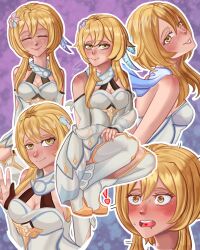 blonde_hair calm dress flower flower_on_head genshin_impact hair_ornament heart heart_in_mouth highres lumine_(genshin_impact) multiple_expressions multiple_views shoes shy smile sweat sweatdrop thighhighs white_dress white_thighhighs yellow_eyes