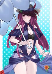 1girl bare_shoulders black_hat blue_one-piece_swimsuit clothing_cutout dress_swimsuit e_m_a fire_emblem fire_emblem_engage fire_emblem_heroes flower hat hat_flower highres holding holding_umbrella ivy_(fire_emblem) ivy_(summer)_(fire_emblem) long_hair looking_at_viewer nintendo official_alternate_costume one-piece_swimsuit purple_hair see-through_clothes see-through_headwear solo stomach_cutout swimsuit umbrella