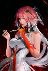 Rule 34 | 1girl, absurdres, bare shoulders, black bow, black collar, body markings, bow, braid, breasts, changli (wuthering waves), cleavage, collar, colored extremities, commentary, dress, hair bow, hair extensions, hair ornament, halterneck, highres, holding, large breasts, long hair, looking ahead, nervi fd, no jacket, parted lips, pink hair, red hands, ring hair extensions, solo, tacet mark (wuthering waves), twin braids, very long hair, white dress, white hair, wuthering waves, yellow eyes