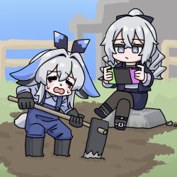 2girls bags_under_eyes black_boots black_bow black_gloves black_jacket black_pantyhose black_shoes black_skirt blue_hair blue_shirt blue_sky boots bow bronya_zaychik bronya_zaychik_(outstanding_attitude) bronya_zaychik_(silverwing:_n-ex) character_request chibi closed_eyes closed_mouth collared_shirt commentary_request crossed_legs day gloves grey_eyes grey_hair hair_between_eyes hair_bow hair_intakes highres hoe holding honkai_(series) honkai_impact_3rd jacket knee_boots long_hair mokkyo_(motkyo) multicolored_hair multiple_girls open_clothes open_jacket open_mouth outdoors overalls pantyhose ponytail ringlets shirt shoes sitting skirt sky sweat tail two-tone_hair wavy_mouth