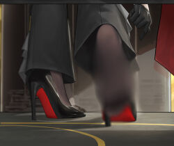 1girl absurdres black_gloves black_pants black_pantyhose black_shoes blur_censor censored censored_feet feet feet_only foot_focus footwear_focus gloves high_heels highres indoors no_shoes paid_reward_available pants pantyhose removing_shoes sa-baaa shadow shoes soles solo standing standing_on_one_leg stiletto_heels wuthering_waves zani_(wuthering_waves)