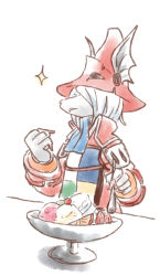 1girl armor ascot blue_ascot cherry claws clenched_hand coat commentary_request final_fantasy final_fantasy_ix food freija_crescent fruit furry furry_female hair_over_eyes hands_up hat highres holding holding_spoon ice_cream parted_lips red_coat red_hat riemkmt828 shoulder_armor solo sparkle spoon strawberry sundae table upper_body whipped_cream white_background white_fur white_hair wing_hat_ornament