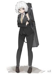 Rule 34 | 1girl, absurdres, black jacket, black pants, black shoes, black suit, breasts, business suit, collared shirt, commentary request, formal clothes, full body, grey eyes, grey socks, highres, instrument case, instrument case on back, jacket, large breasts, loafers, long sleeves, necktie, null (user zske3258), original, pant suit, pants, shirt, shoes, short hair, signature, simple background, skirt, skirt suit, socks, solo, standing, striped clothes, striped shirt, suit, suit jacket, vertical-striped clothes, vertical-striped shirt, white background, white hair, white shirt, yellow necktie