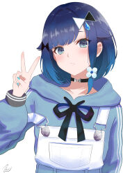 1girl absurdres black_choker blue_eyes blue_hair blue_hoodie blue_nails blush choker closed_mouth flower hair_flower hair_ornament highres hood hood_down hoodie inumugi looking_at_viewer signature simple_background solo tsumugi_kokage v virtual_youtuber vspo! white_background