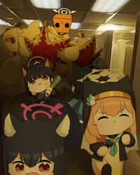 1other 5girls animal_ear_fluff animal_ear_headwear animal_ears backrooms_(creepypasta) baseball_bat black_hair black_hat black_jacket black_pantyhose black_skirt blue_archive blue_haori blue_necktie blue_ribbon cat_ears cat_girl colored_inner_hair commentary_request fake_animal_ears fang faust_(blue_archive) green_footwear grey_eyes haori hat hifumi_(blue_archive) highres holding holding_baseball_bat jacket japanese_clothes kazusa_(blue_archive) kikyou_(blue_archive) korean_commentary long_hair mari_(blue_archive) medium_hair monster multicolored_hair multiple_girls necktie pantyhose peroro_(blue_archive) red_eyes ribbon sabnak66 school_uniform serika_(blue_archive) shirt short_hair sidelocks skirt twintails white_shirt white_skirt