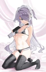 Rule 34 | 1girl, 2l (2lsize), bikini, black bikini, black thighhighs, breasts, expressionless, full body, gloves, grey eyes, grey hair, hair over one eye, highres, kneeling, long hair, looking at viewer, maid, maid bikini, maid headdress, navel, original, small breasts, solo, swimsuit, thighhighs, two side up, unconventional maid