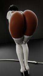 1girl 3d absurdres ass ass_focus back_cutout bent_over black_hair boots clothing_cutout cpt-flapjack dark-skinned_female dark_skin female_focus from_behind high_heel_boots high_heels highres huge_ass leotard nier_(series) nier:automata puffy_sleeves short_hair solo sword thick_thighs thigh_boots thighhighs thighs weapon wide_hips 2p_(nier:automata)