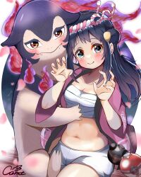 1girl absurdres akari_(pokemon) artist_name black_hair blue_eyes blush breasts carrot_summer chest_sarashi claw_pose cleavage closed_mouth eyelashes fingernails hachimaki hair_ornament half_updo hands_up haori headband highres hisuian_poke_ball hisuian_typhlosion japanese_clothes long_hair medium_breasts navel nejiri_hachimaki nintendo poke_ball pokemon pokemon_(creature) pokemon_legends:_arceus sarashi shorts smile white_shorts