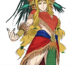 1girl aztec aztec_mythology blonde_hair breasts fate/grand_order fate_(series) green_eyes highres large_breasts long_hair looking_at_viewer mogae_1030 poncho quetzalcoatl_(fate) skirt solo