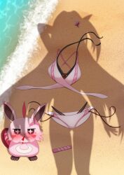 1girl absurdres azki_(hololive) beach bikini black_bikini blush dressed_shadow_(meme) hair_ornament hairpin highres hololive implied_nudity long_hair meme miya_(re1_kuro) ocean pink_bikini pioneer_(azki) sand shadow solo_focus swimsuit thigh_strap virtual_youtuber water